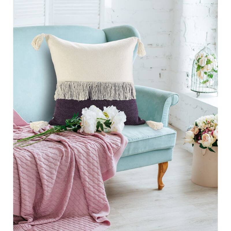 20" Purple and White Fringe Color Block Square Throw Pillow