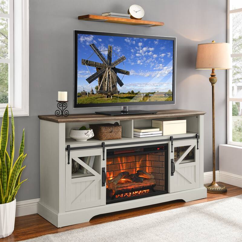 60 Inch Electric Fireplace Entertainment Center with Door Sensor, Storage, and Infrared Remote for TVs up to 70 Inches