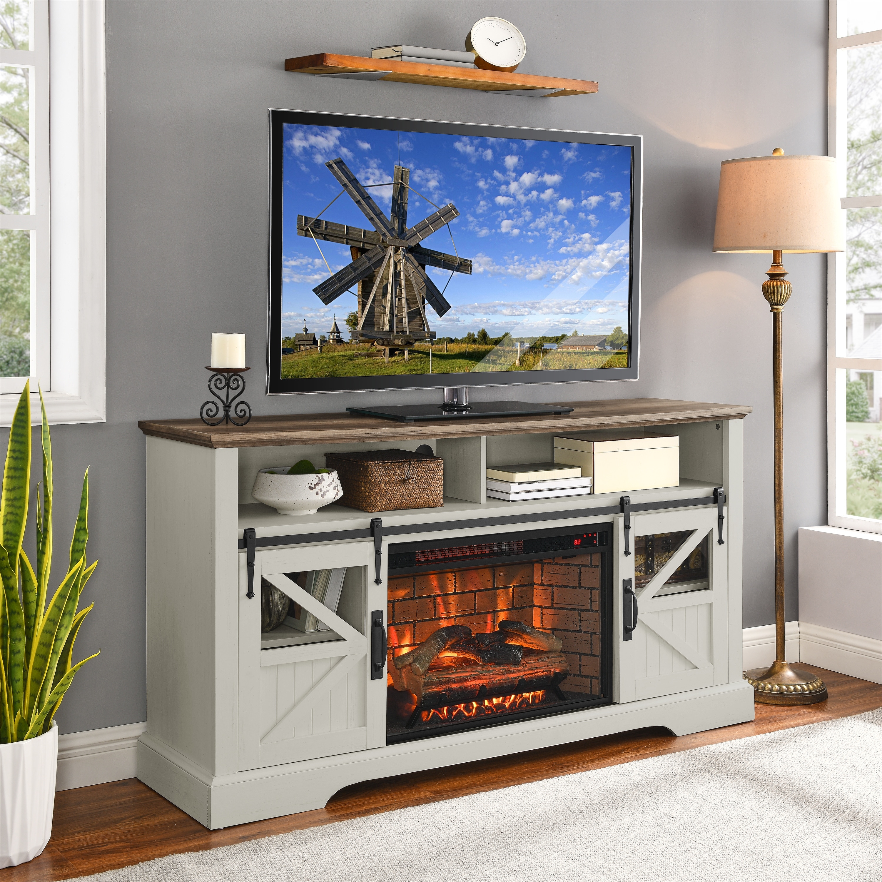 Rustic tv stand with top fireplace 70 inch