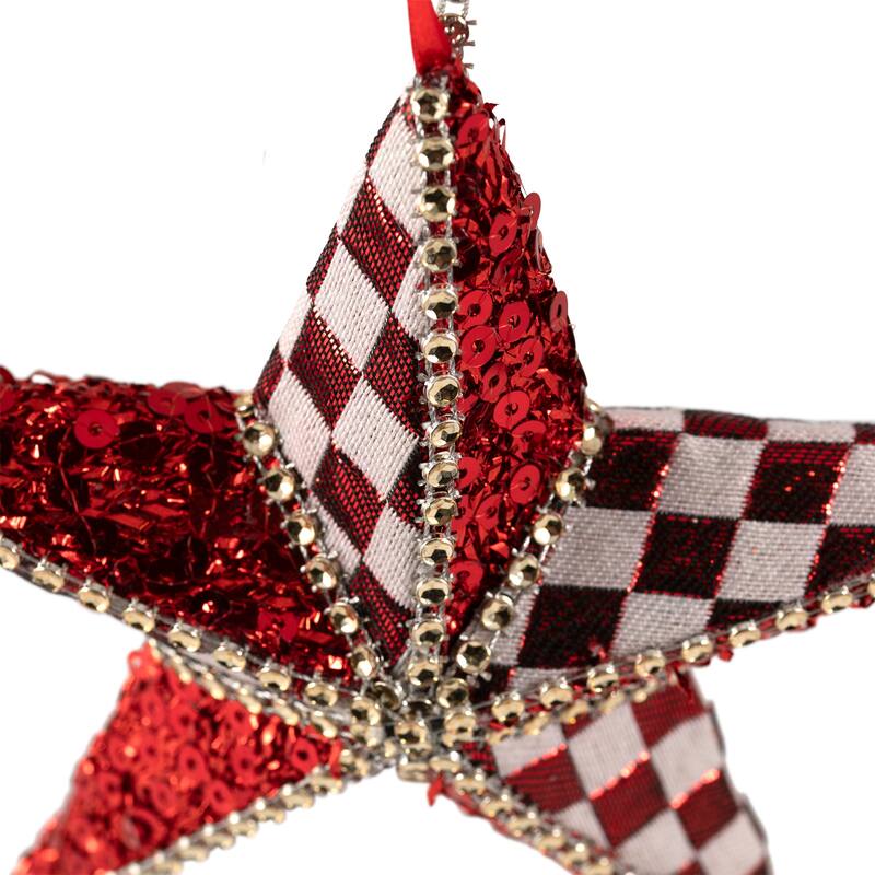 Sequined and Checkered Star Christmas Ornament - 6" - Red and White