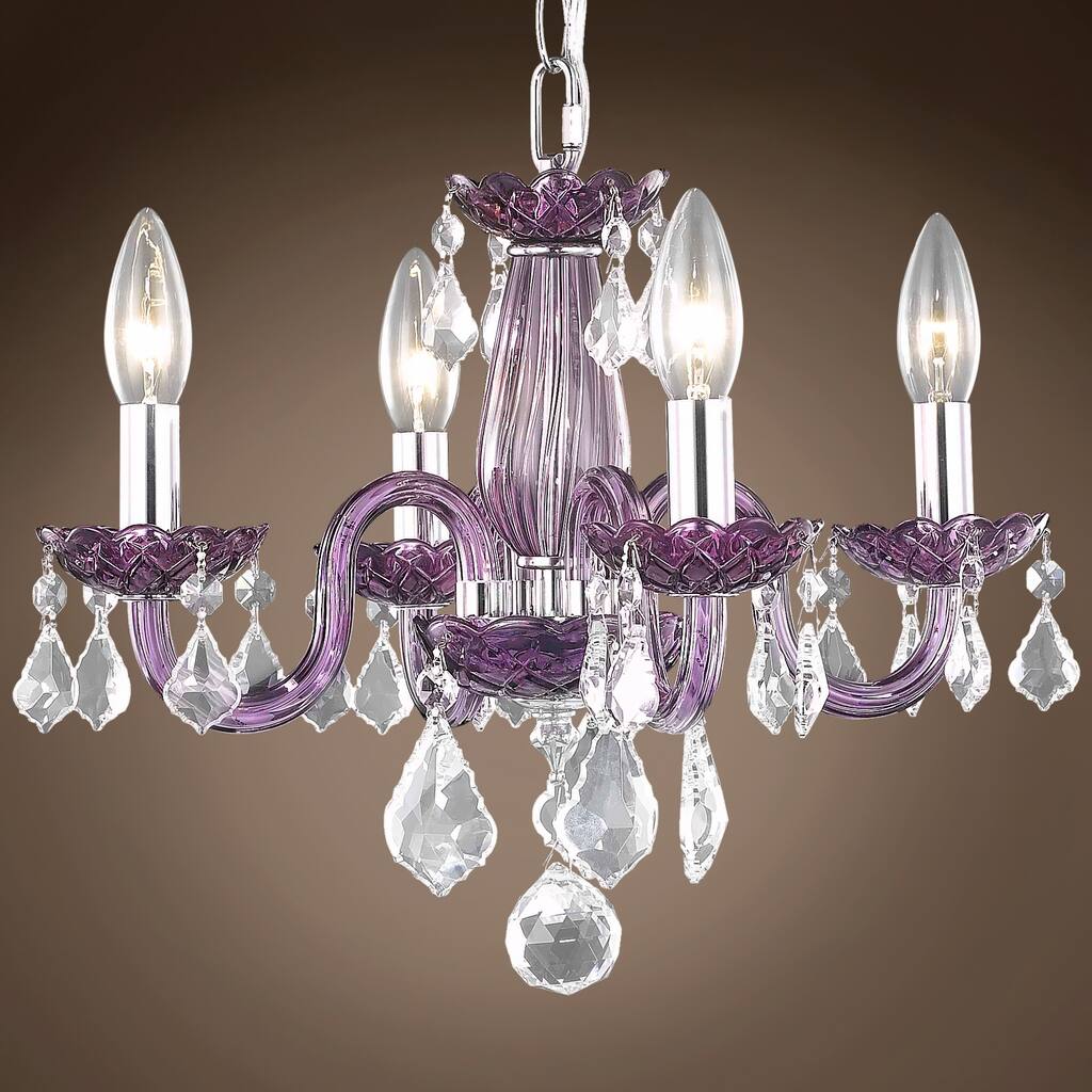 Victorian 4 Lt 15" Purple Chandelier With Clear European Crystals & Led Bulb - 12.00