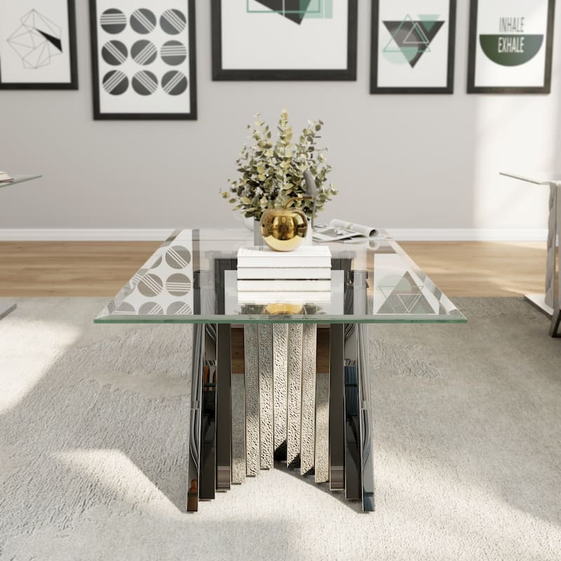 Clear Tempered Glass Coffee Table with Silver Stainless Steel Base for Living Room
