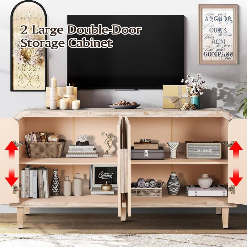 Roomfitters 59" Farmhouse Curved Sideboard, Vintage 4-Door Buffet with Vertical Carving & Large Wood Handles