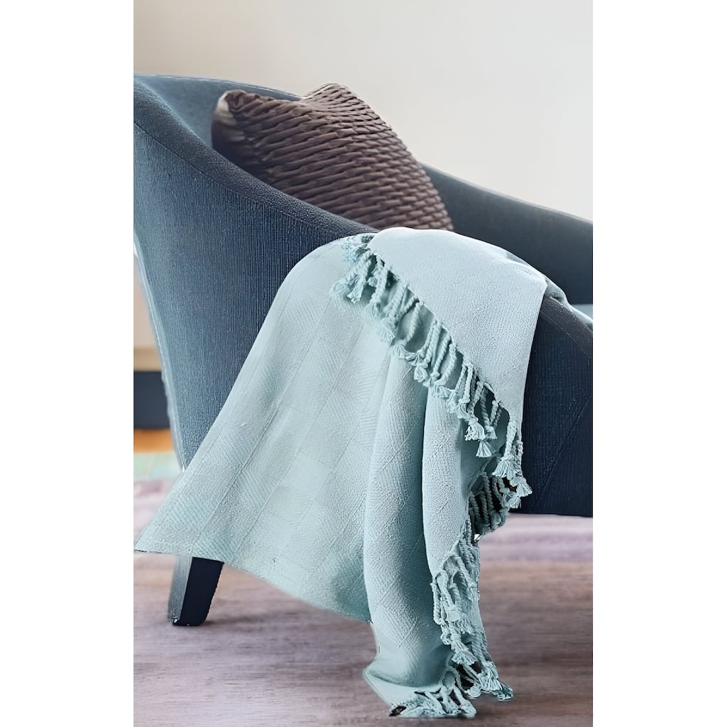 50" X 60" Blue Woven Cotton Throw Blanket with Fringe