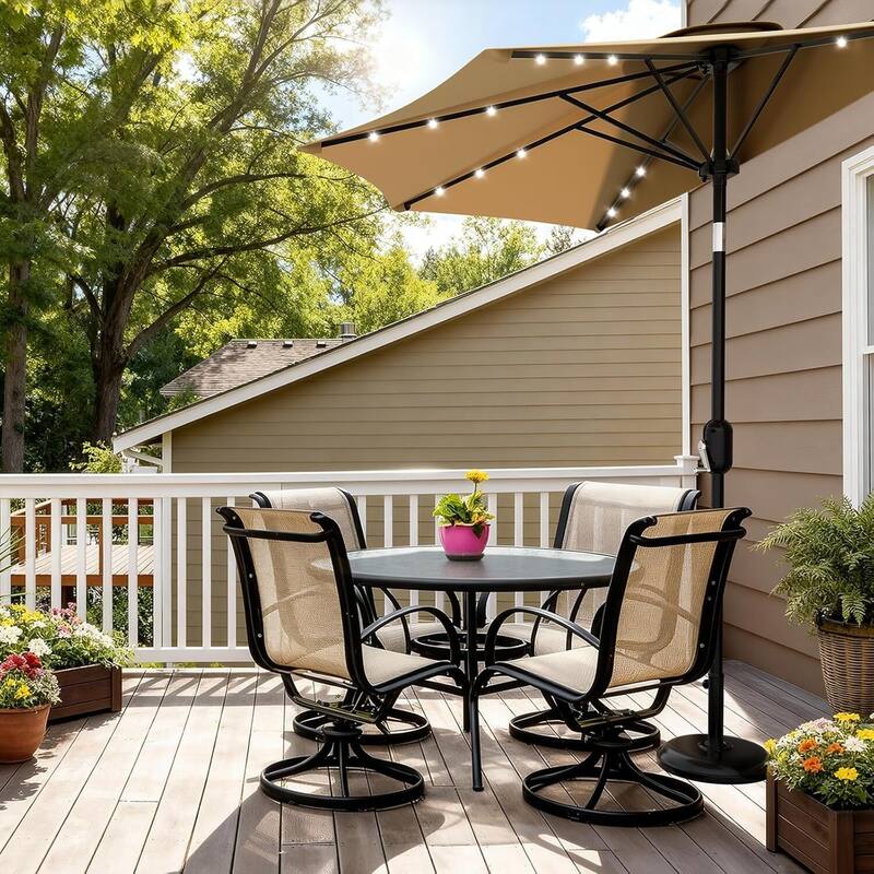 9FT Half Patio Umbrella with Smooth Crank Lift, Shade Canopy for Patio, Backyard, Garden with LED Lights (No Base) - Tan