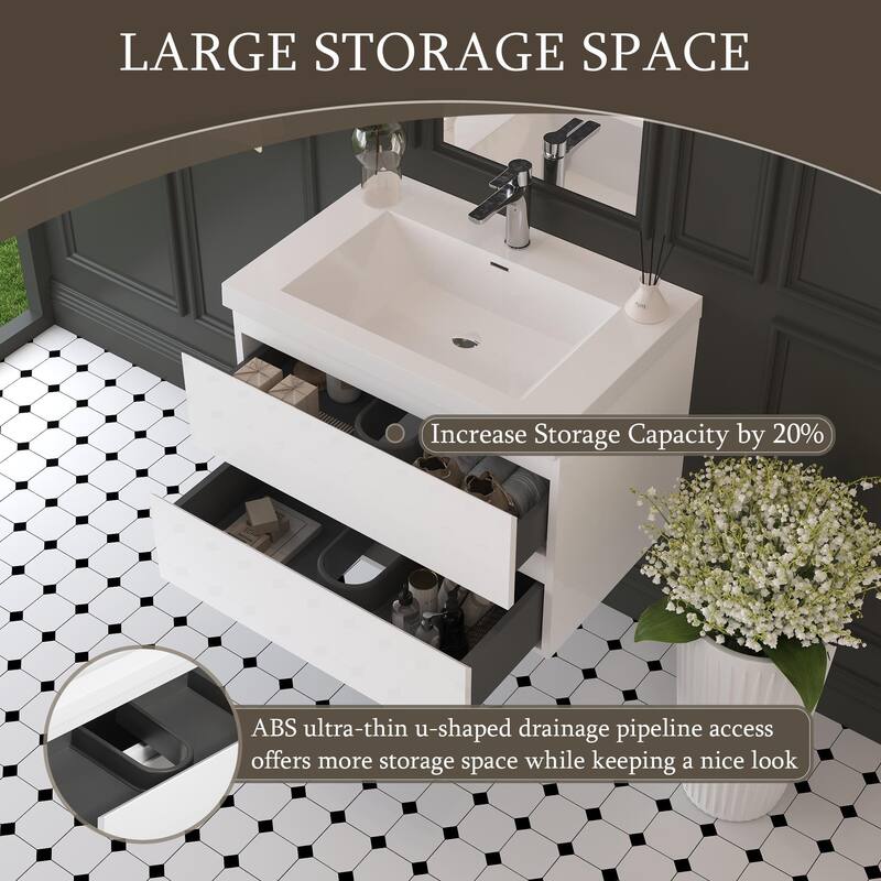 42" Wall-Mounted Bathroom Vanity with Glossy White Resin Sink - Modern Floating Bathroom Cabinet with Soft-Close Hinges