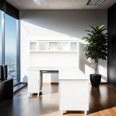 L Shaped Wood Home Office Desk with Shelves and Cabinet