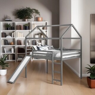 Full Size House Shaped Loft Bed with Slide, Solid Wood Kids Bed Frame ...