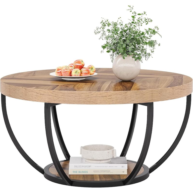 Engineered Wood Round Coffee Table with 2-Tier Metal Base - 31.69" L x 31.69" W x 17.32" H - Wooden Grain-Black
