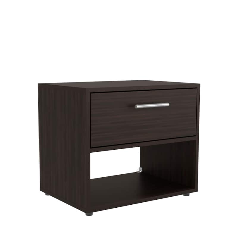 Compact Dark Walnut Nightstand with Drawer and Open Shelf