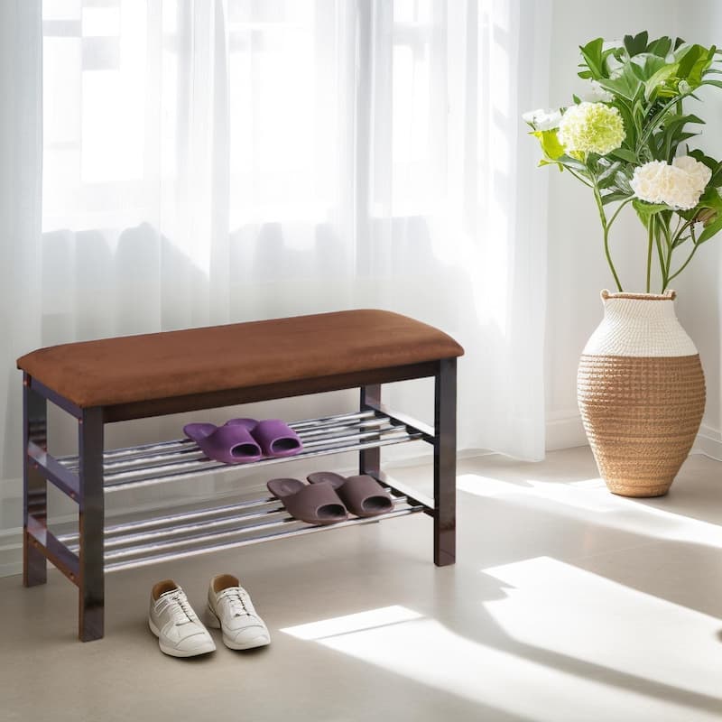 Espresso Ottoman Bench Shoe Bench with Wooden Frame, Leisure Stool Hallway Stool with Two Tier Open Shelves for Corridor