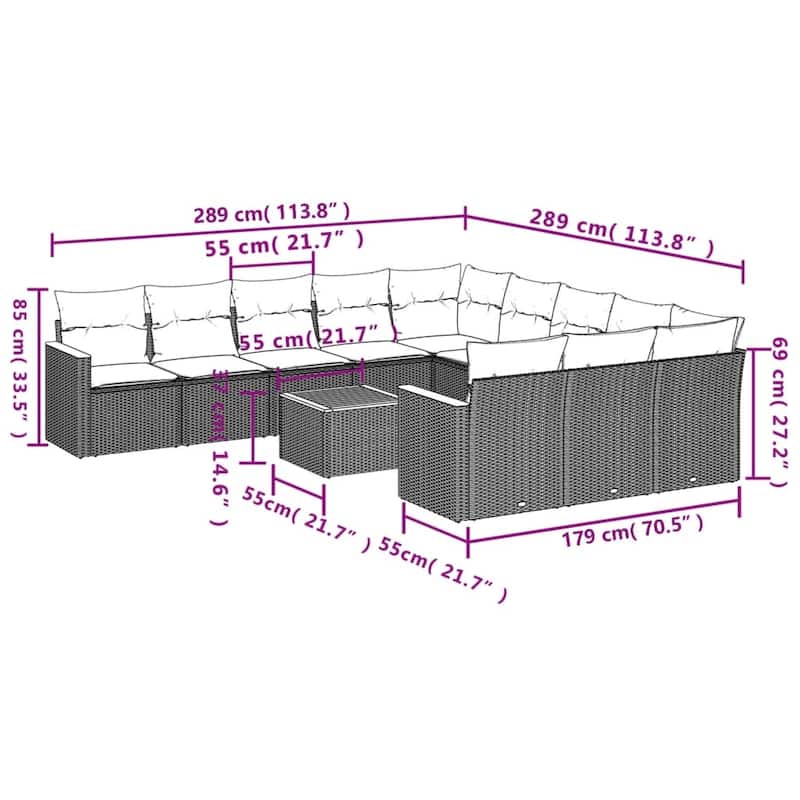 vidaXL 11/12 Piece Patio Sofa Set with Cushions Black/Gray Poly Rattan - 24.4 x 24.4 x 27.2