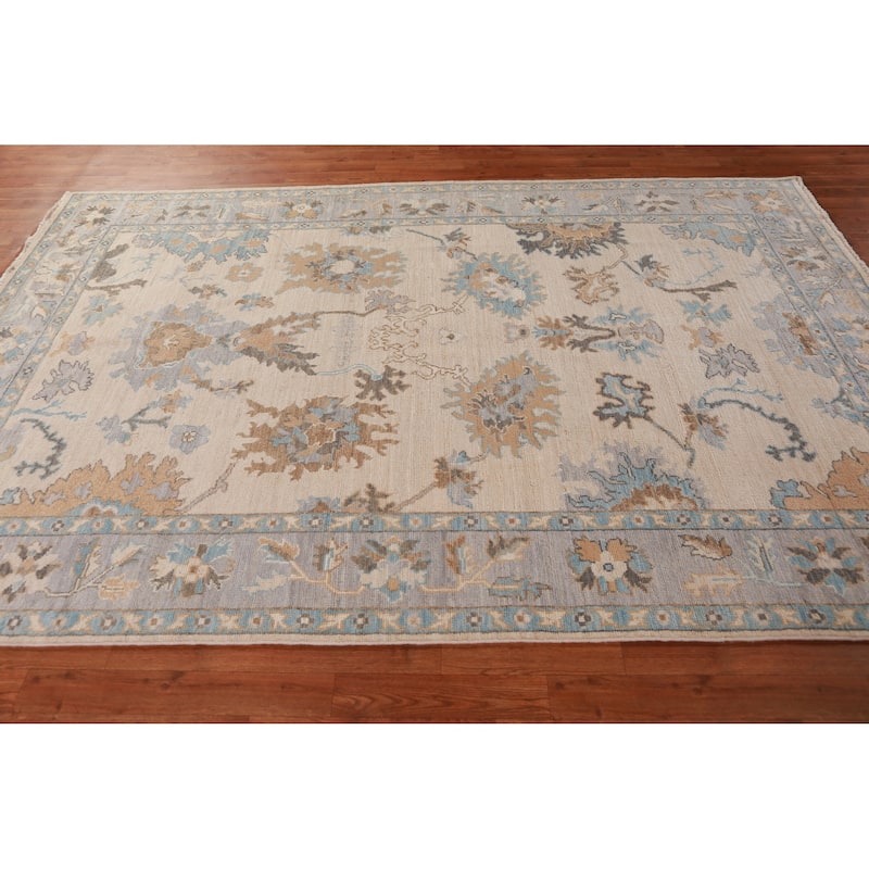 Hand Knotted Oriental 100% Wool Carpet Transitional All-Over Beige & Ivories Oushak Area Rug - 9' 0'' X 6' 1''