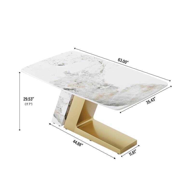 Rectangle Dining Table Faux Marble Tabletop Sintered Stone Panel with Stainless Steel Pedestal