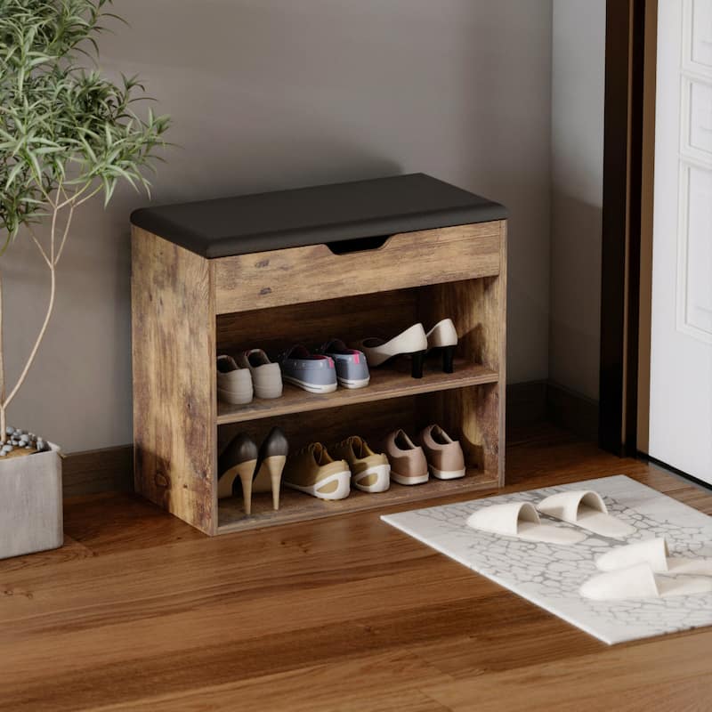 24"W Shoe Storage Bench W/Sponge Cushion Living Room Seating Shoe Cabinet