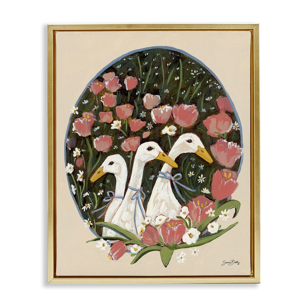 Stupell Ducks with Cottage Blooms Framed Floater Canvas Wall Art Design By Sara Baker