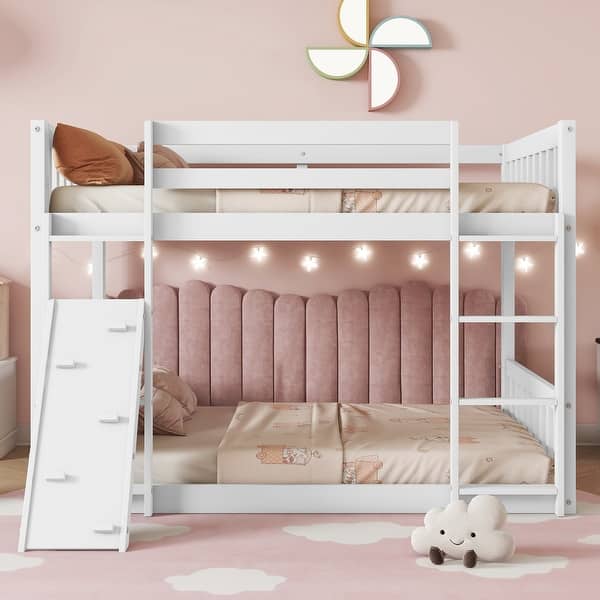 slide 2 of 14, Twin Over Twin Floor Bunk Bed,Playhouse Floor Bunk Bed with Climbing Ramp,Ladder,Safety Guardrails White