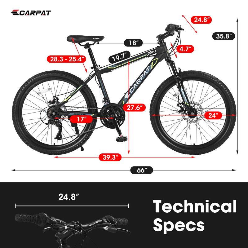 24 Inch Mountain Bike Boys Girls, Steel Frame, Shimano 21 Speed Mountain Bicycle with Daul Disc Brakes and Front Suspension MTB