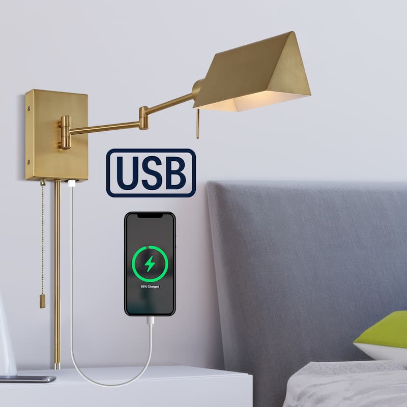 Curtis Farmhouse Swing Arm Plug-In or Hardwired Iron LED Wall Sconce with Pull-Chain with USB Charging Port, by JONATHAN Y