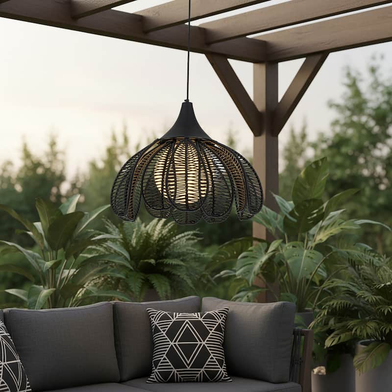 Kamala 1-Light Wicker Outdoor Pendant Light Coastal Boho Style Flower Handwoven