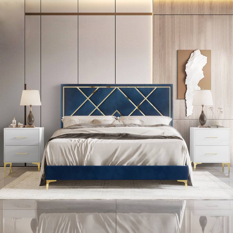 CraftPorch 3 Piece Bedroom Nightstands Set Velvet Upholstered Bed