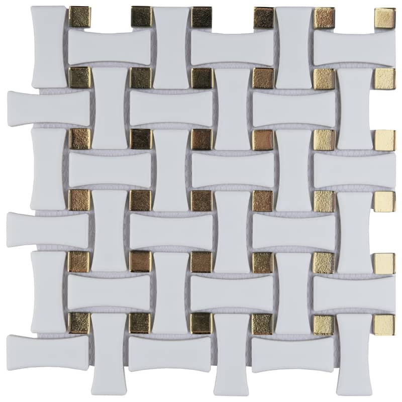 Merola Tile Metro Dog Bone Basketweave Matte White with Glass Gold Dot 10" x 10" Porcelain Mosaic Wall Tile