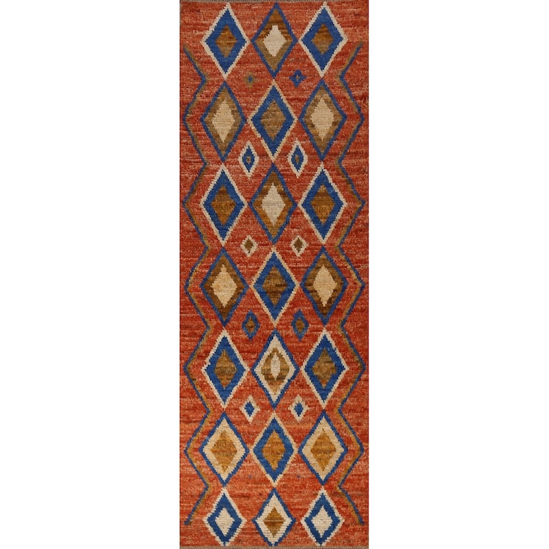 Orange Moroccan Oriental Runner Rug Hand-Knotted Tribal Wool Carpet - 2'10" x 9'9"