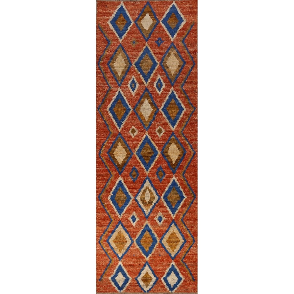 Orange Moroccan Oriental Runner Rug Hand-Knotted Tribal Wool Carpet - 2'10" x 9'9"