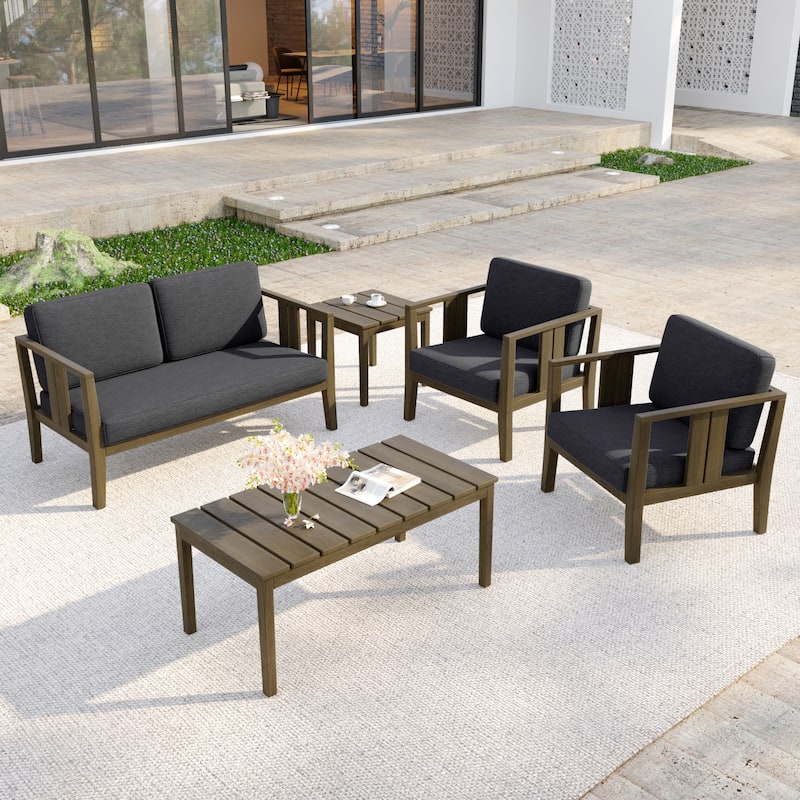 5-Piece Casual Outdoor Patio Furniture Set In Solid Teak Wood - Natural Wood - Dark Grey