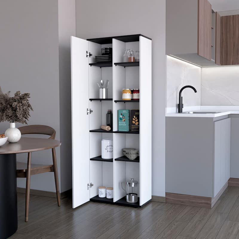 White and Black 1-Door Multistorage Kitchen Pantry - White+Black