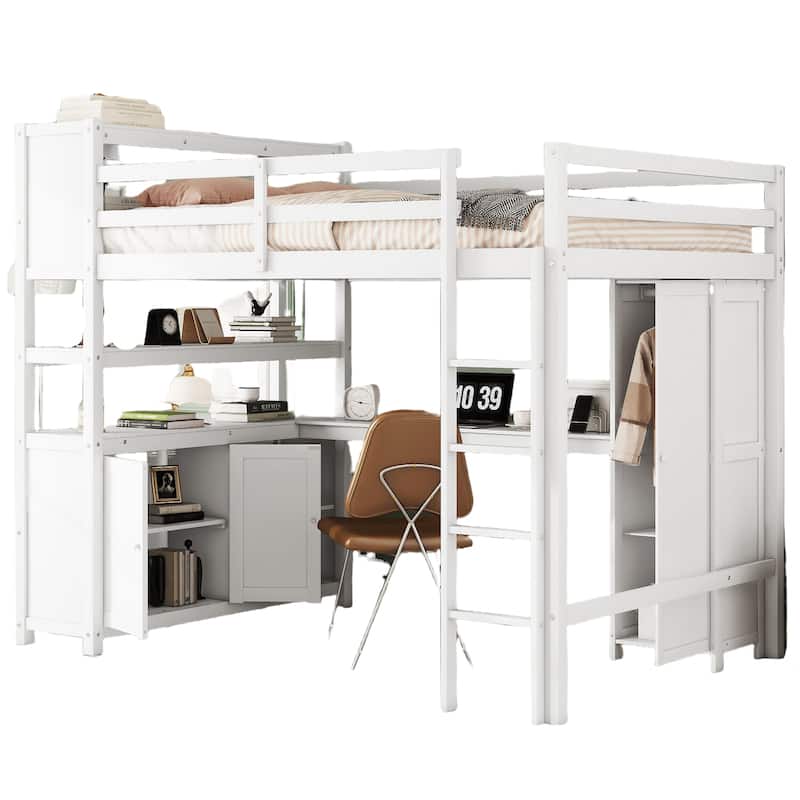 Full Size Wood Loft Bed with Cabinet and Bookshelf,Wardrobe and Desk