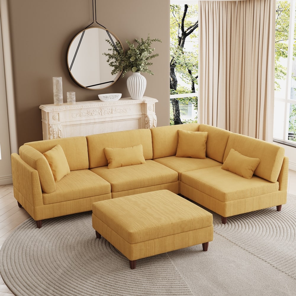 Corduroy Convertible Couch Modular Sectional Sofa with Ottoman