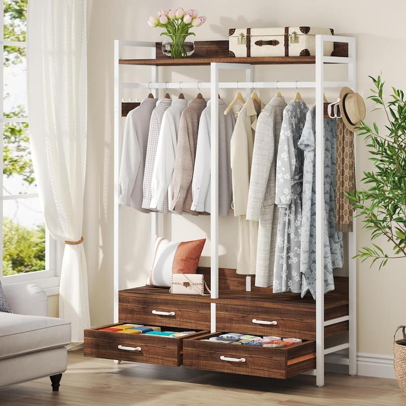 47.2" W Freestanding Closet Organizer for Hanging Clothes, Heavy Duty Garment Rack with 4 Drawers, 8 Hooks and Storage Shelves