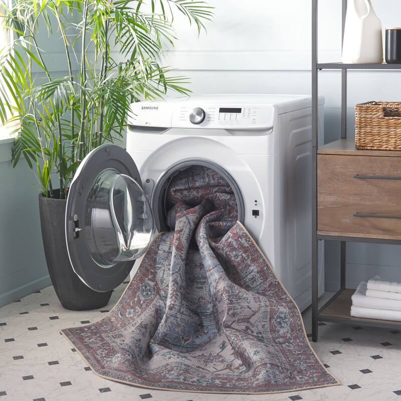 SAFAVIEH, Tucson Machine Washable Slip Resistant Therese Oriental Medallion - 2' 6" x 4' - Grey Blue/Rust
