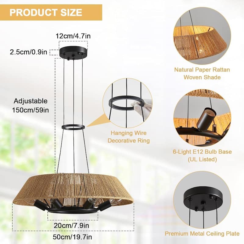 6-light dining room light brown chandelier light rattan pendant light
