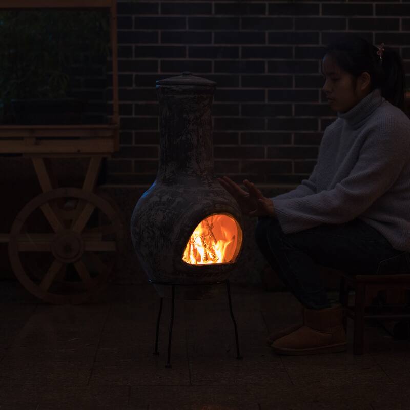 Gray Outdoor Clay Chiminea Outdoor Fireplace Stoney Scribbled Design Charcoal Burning Fire Pit with Sturdy Metal Stand, Barbecue
