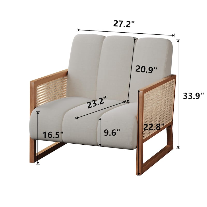Rattan Accent Chairs, Upholstered Natural Rattan Chair Mid Century Modern Linen Armchair Side Chairs for Living Room Bedroom