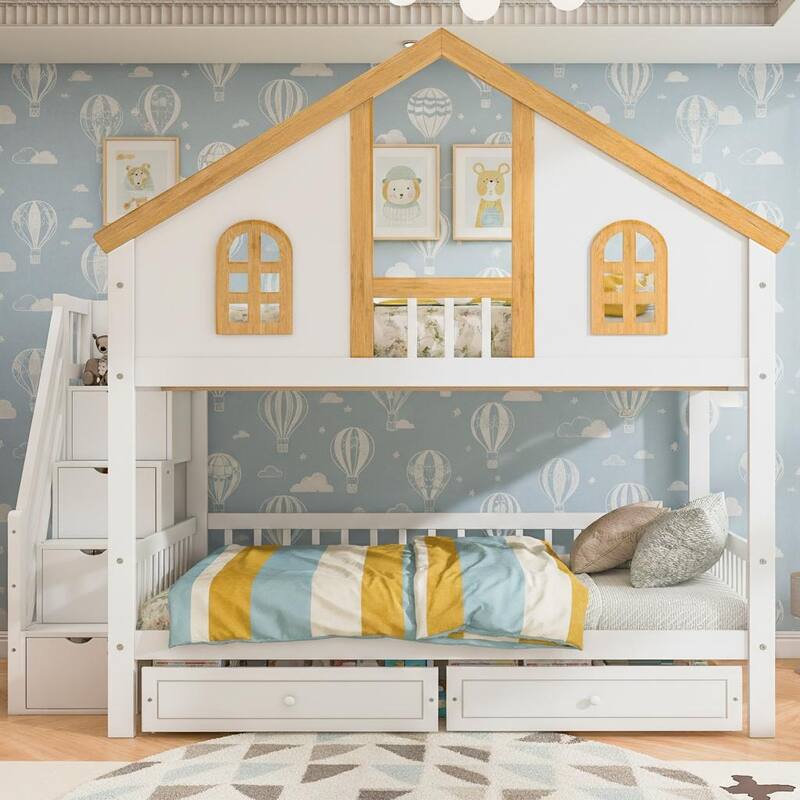 Wooden House Roof Bunk Bed with Staircase Storage & Dual Drawers by Harper&Bright Designs