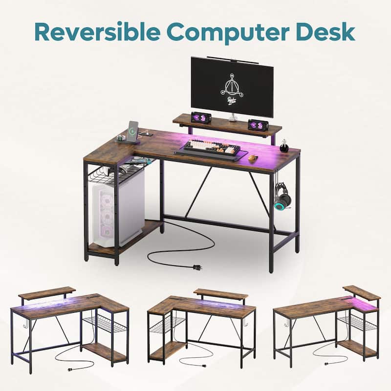 Reversible L Shaped Desk LED Computer Desk with Power Outlets and Monitor Stand Office Desk