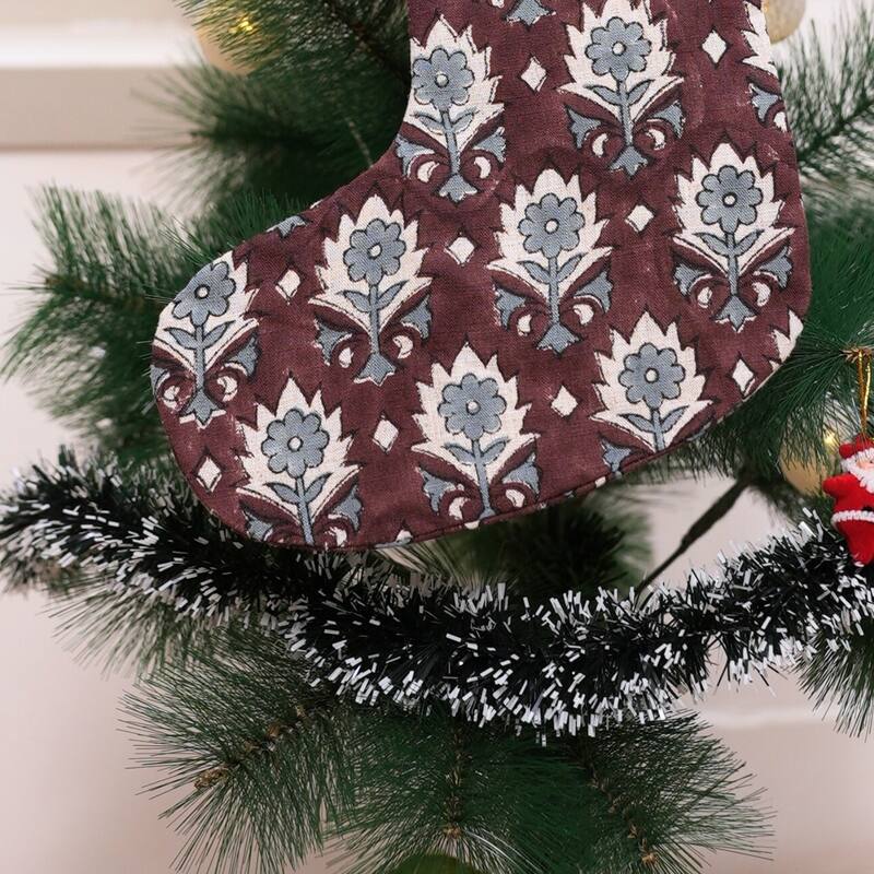 Fabdivine 16x6.5 Inches Hand Floral Block Print Christmas Stockings Tassle and Loop Perfect for Gift - 16"X6.5"