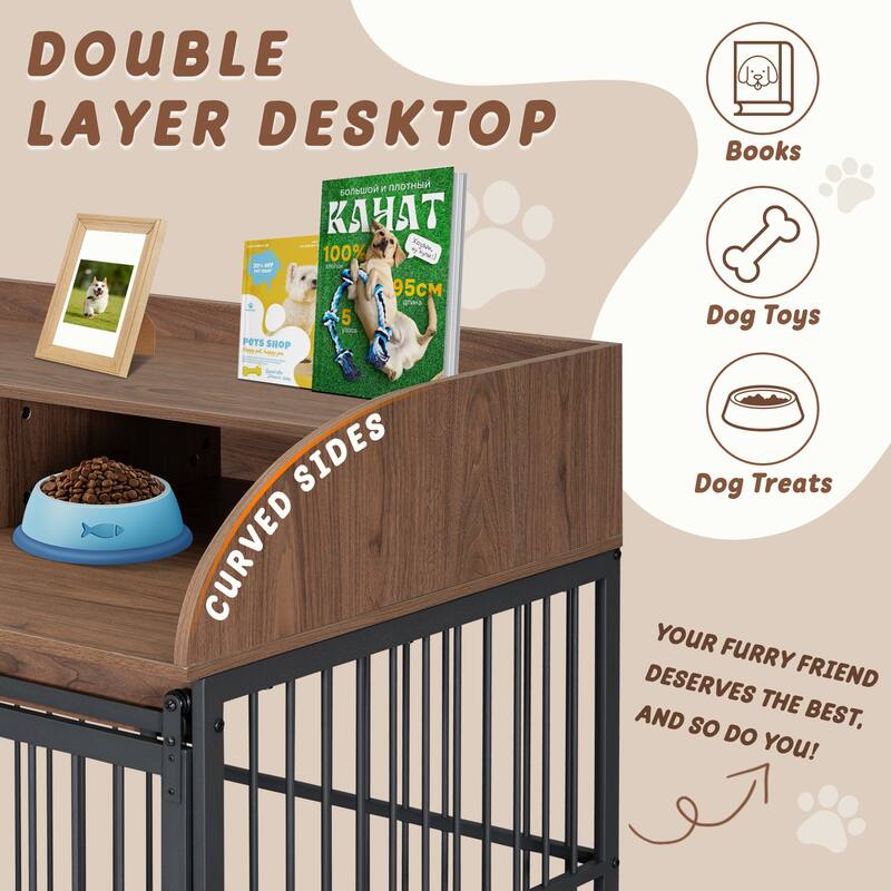 44"Heavy Duty Large Dog Crate Furniture with Lockable Wheels, Wooden Dog Crate Dog Kennel, End Table with Double Layer Storage