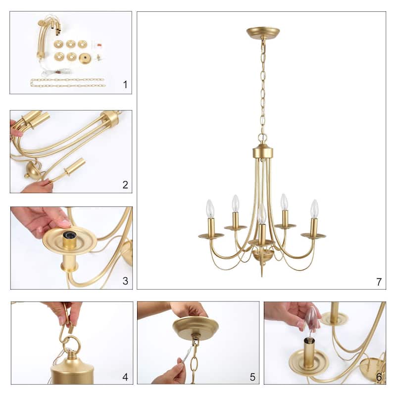 Mid-century Modern 5-Light Gold Curved Arm French Country Chandelier for Dining Room