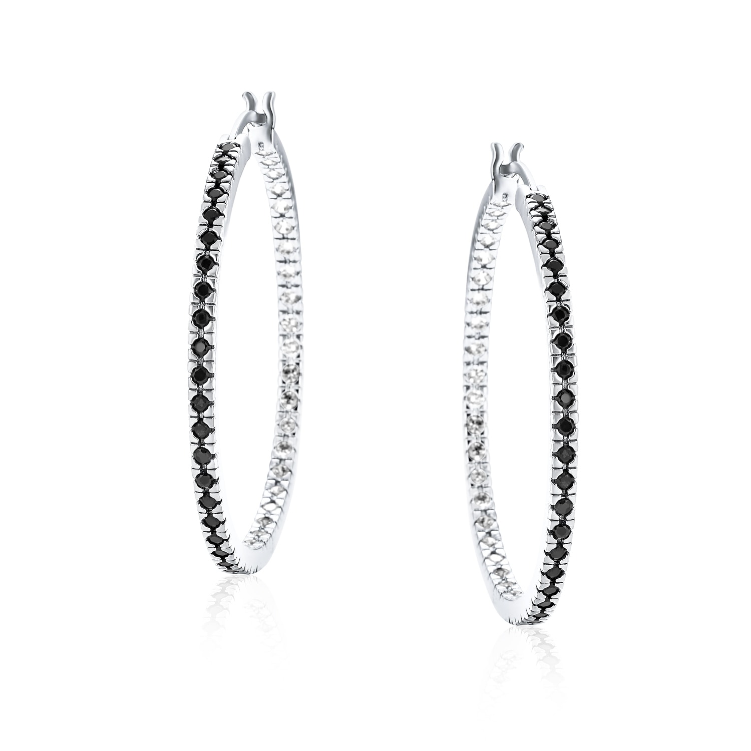 Clear Cubic Zirconia Halfway Design Hoop Earrings Rhodium Plated Sterling Silver