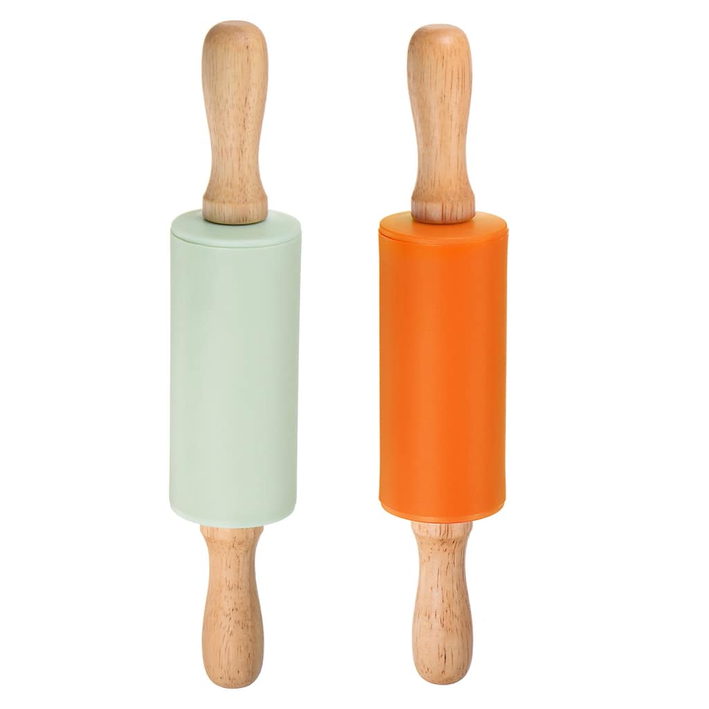 Silicone Rolling Pins for Baking Wood Handle 23.5cm x 4.2cm Light Green & Orange - Light Green & Orange