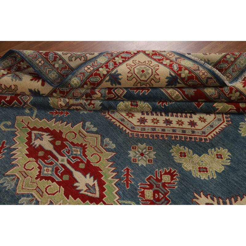 Hand Knotted Oriental 100% Wool Carpet Traditional Geometric Navy Blue & Blues Kazak Area Rug - 13' 7'' X 9' 10''