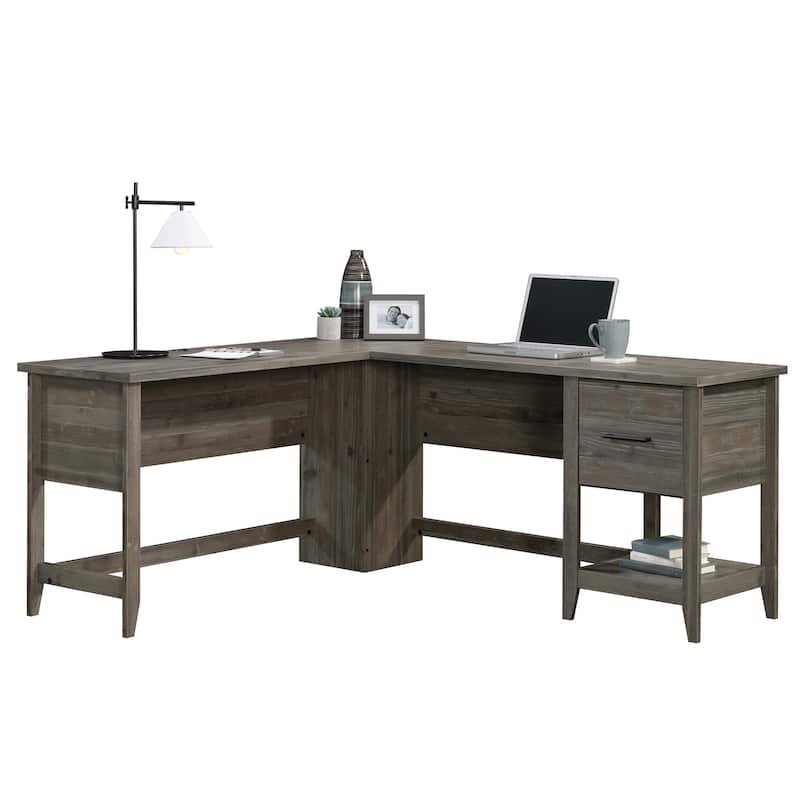 Wood L-Shaped Desk with File Drawer, Brown