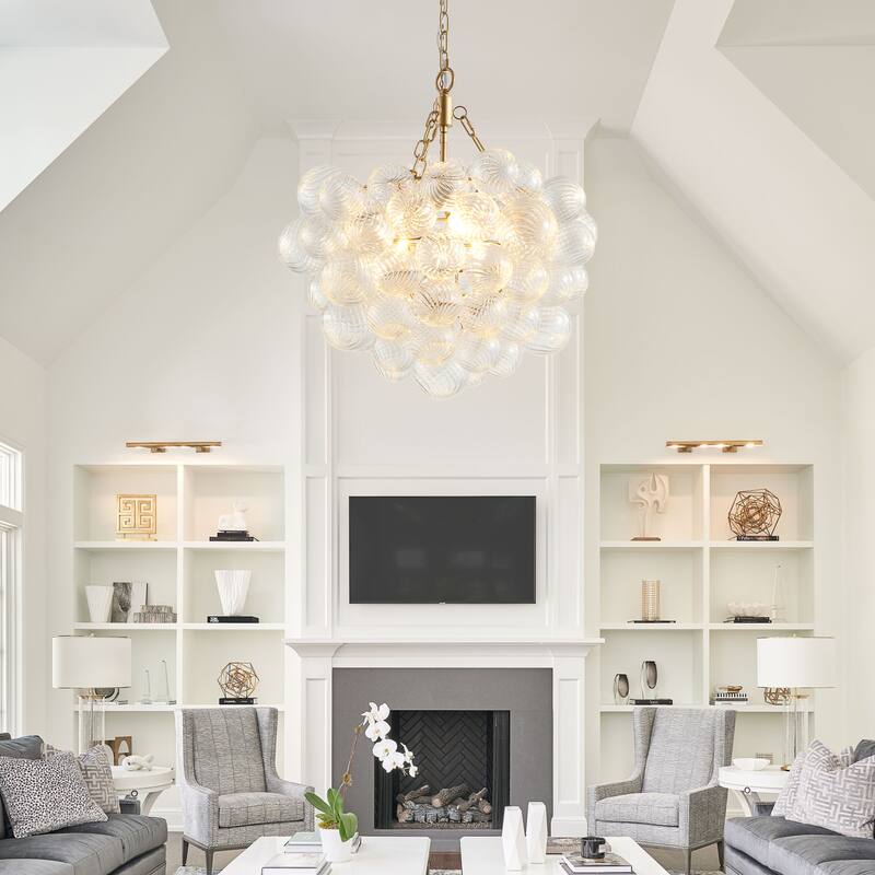 Modern Gold Pendant Light Chandelier with Threaded Clear Glass Globe Shade Adjustable Height, for Living Room, Dining Room - Gold