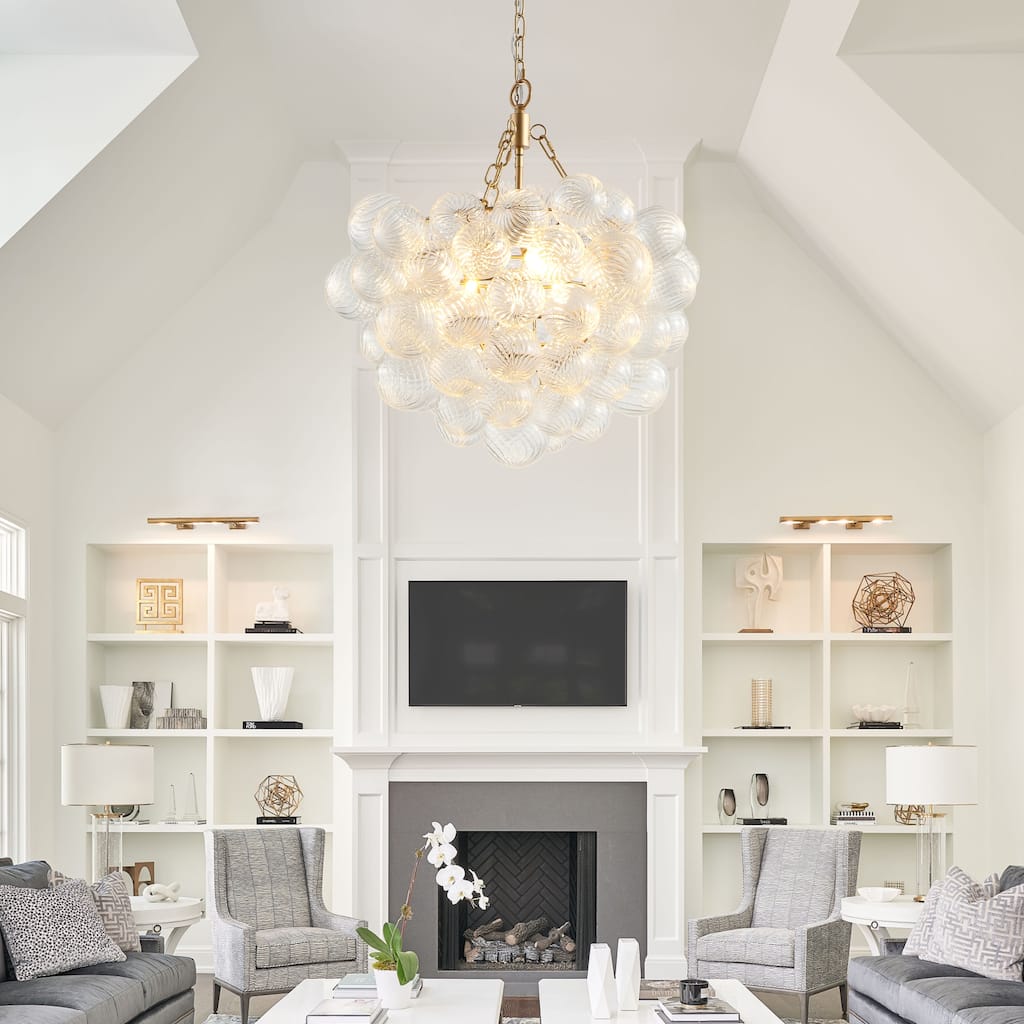 Modern Gold Pendant Light Chandelier with Threaded Clear Glass Globe Shade Adjustable Height, for Living Room, Dining Room