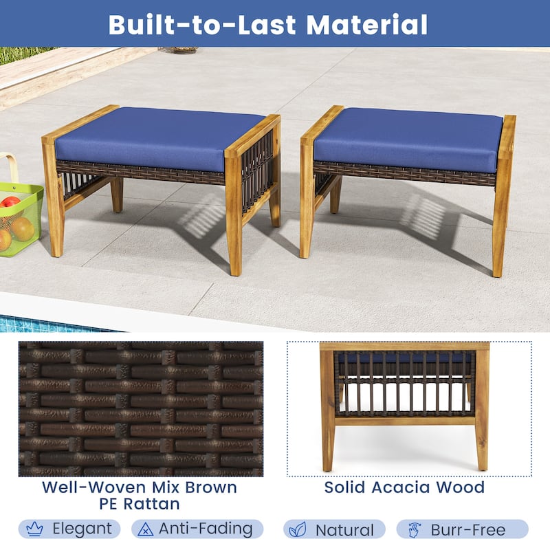 Outdoor Rattan Ottomans Set of 2 with Navy Cushions Acacia Wood Frame Footrest or Seat - 25.5" x 19.5" x 16"