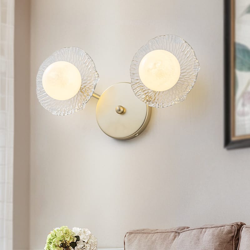 Gold Lotus Leaf Textured Glass Plate Wall Sconce Moon Globe Lampshade - 2-Light